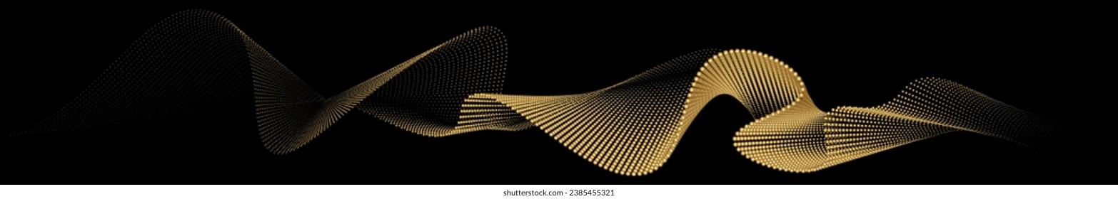 An abstract vector illustration, a 3D curve pattern of flowing golden yellow dot particles in a set against a black background for AI technology, sound, and music.