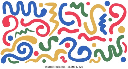 Abstractas Ilustración vectorial de hippie groovy de los años 60. Formas de garabatos coloridos, lindas líneas onduladas. Puede ser impreso para los motivos de la tela, papel de embalaje, cubiertas del libro