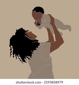 Abstract vector illustration of an African-American mother and child in flat style in soft pastel and coffee colors. For the design of Mother's Day cards, kids and baby banners