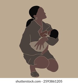 Abstract vector illustration of an African-American mother holding child in flat style in soft pastel and coffee colors. For the design of Mother's Day, pregnant cards, kids, baby banners