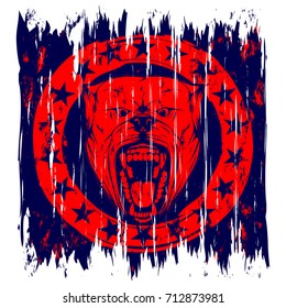 Abstract vector illustration aggressive snarling dog on grunge background. Head of dog breed pit bull with open mouth in frame with stars. 