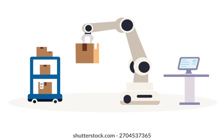 Abstract vector illustration of AI robotics optimizing supply chain logistics, including warehouse automation, inventory tracking, packaging, and intelligent data systems for efficient modern.