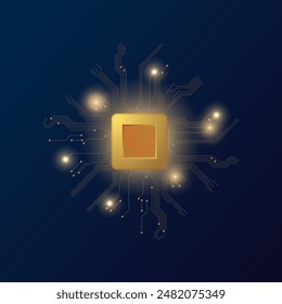 Abstract vector illustration of AI theme with bright yellow square and shining neural network design. Technology background, central computer processor concept.