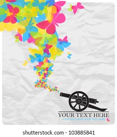 Abstract vector illustration with ancient artillery gun and butterflies.