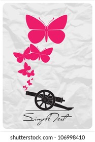 Abstract vector illustration with ancient artillery gun and butterflies.