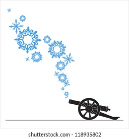 Abstract vector illustration of ancient artillery gun and snowflakes.
