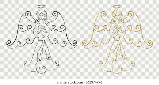Abstract vector illustration of angel with heart in hands. Hand-drawn set. Black and gold glitter objects isolated on transparent background. For wedding, valentine day design, coloring page. Eps 8.