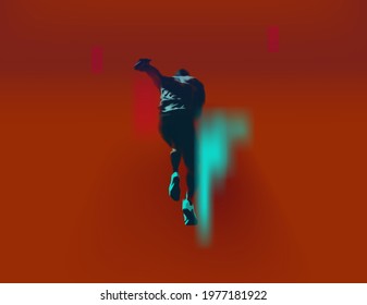 Abstract vector illustration of athlete runner, neon sneakers, red geometric background