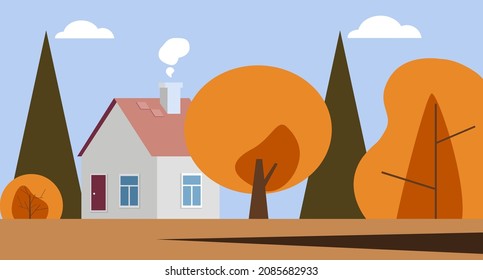 Resumen de ilustraciones vectoriales del paisaje otoñal con casas y árboles. Idea para fondos de pantalla, tarjetas de felicitación de vacaciones, postales .