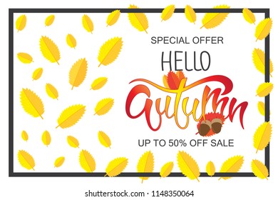 Abstract vector Illustration Autumn Sale background with falling leaves.  Seasonal lettering. Web banner template. EPS10.