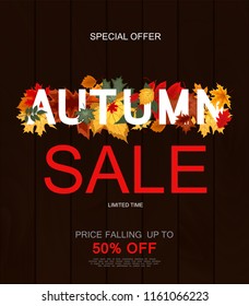 Abstract Vector Illustration Autumn Sale Background with Falling Autumn Leaves. EPS10