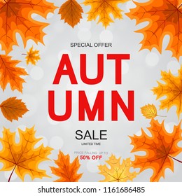 Abstract Vector Illustration Autumn Sale Background with Falling Autumn Leaves. EPS10