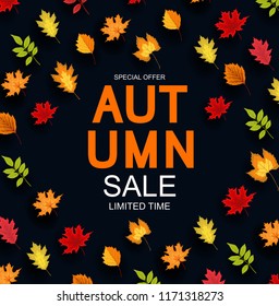 Abstract Vector Illustration Autumn Sale Background with Falling Autumn Leaves. EPS10