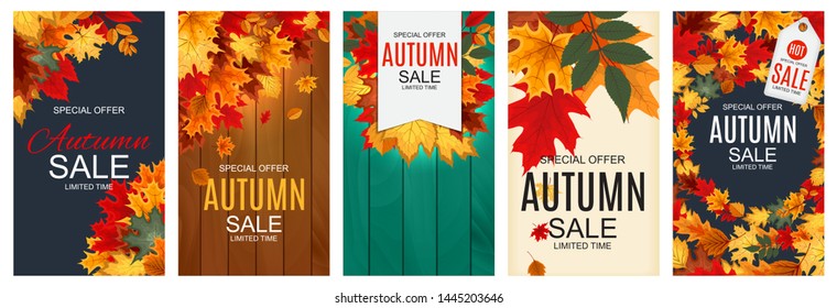 Abstract Vector Illustration Autumn Sale Background with Falling Autumn Leaves Collection Poster Set. EPS10