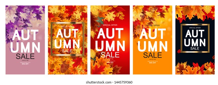 Abstract Vector Illustration Autumn Sale Background with Falling Autumn Leaves Collection Poster Set. EPS10