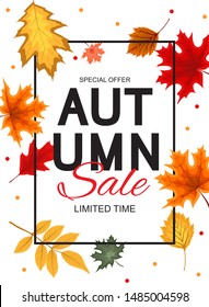 Abstract Vector Illustration Autumn Sale Background with Falling Autumn Leaves. EPS10