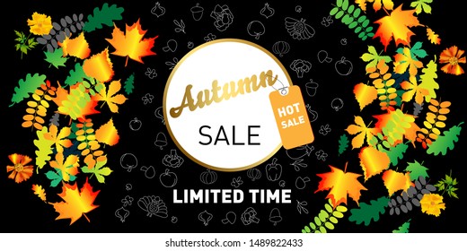 Abstract vector illustration. Autumn sale background with falling autumn leaves on a black background.