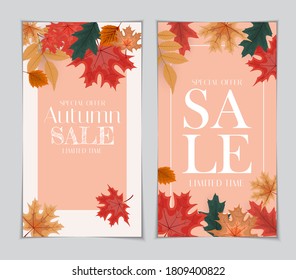 Abstract Vector Illustration Autumn Sale Background with Falling Autumn Leaves. EPS10