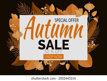 Abstract vector illustration Autumn sale background with autumn flowers and leaves. Elegant Autumn Voucher Design. Vector illustration. EPS 10