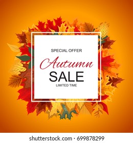 Abstract Vector Illustration Autumn Sale Background with Falling Autumn Leaves. EPS10