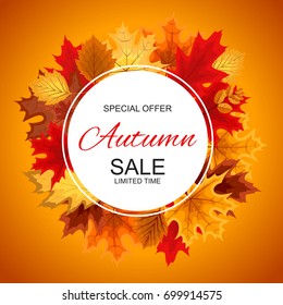 Abstract Vector Illustration Autumn Sale Background with Falling Autumn Leaves. EPS10