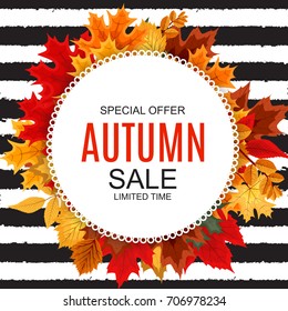 Abstract Vector Illustration Autumn Sale Background with Falling Autumn Leaves. EPS10