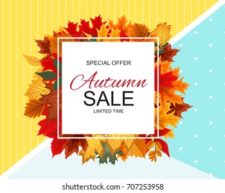 Abstract Vector Illustration Autumn Sale Background with Falling Autumn Leaves. EPS10