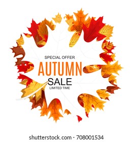 Abstract Vector Illustration Autumn Sale Background with Falling Autumn Leaves. EPS10