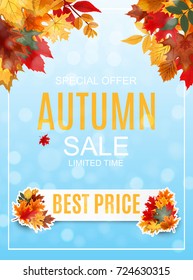 Abstract Vector Illustration Autumn Sale Background with Falling Autumn Leaves. EPS10