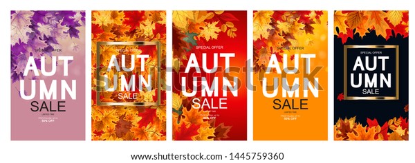 Abstract Vector\
Illustration Autumn Sale Background with Falling Autumn Leaves\
Collection Poster Set.\
EPS10