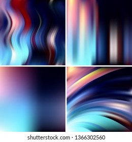 Abstract vector illustration of background with blurred light lines. Set of four square backgrounds. Curved lines. Blue, pink colors.