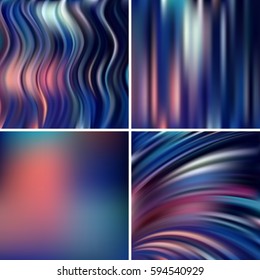 Abstract vector illustration of background with blurred light lines. Set of four square backgrounds. Curved lines. Blue, purple, orange, pink colors. 
