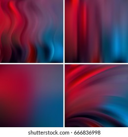Abstract vector illustration of background with blurred light lines. Set of four square backgrounds. Curved lines. red, blue, black colors.