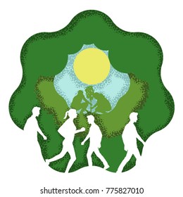 Abstract vector illustration. Background is carved from paper in the style of a grain brush. The concept of nature and ecology