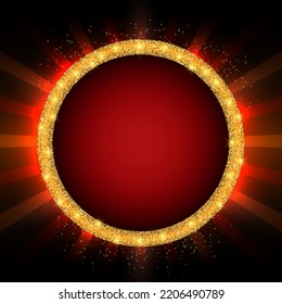 Abstract vector illustration background with shining beams of light and round sparkle golden banner for minimal cover design