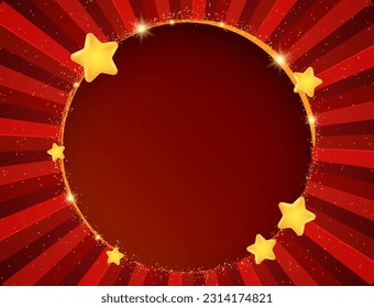 Abstract vector illustration background with shining beams of light, stars and round sparkle golden banner for minimal cover design