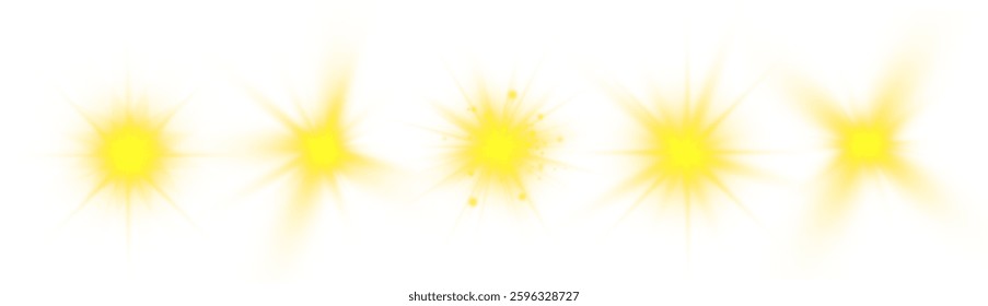 Abstract Vector Illustration Backgrounds with Sun, Sunbeam, Sunlight. Bright, Shiny, Glowing, Exploding Star in Space. Lens Flare, Flash, Light Beam. Summer Glittering Sunny Photographic Effects.