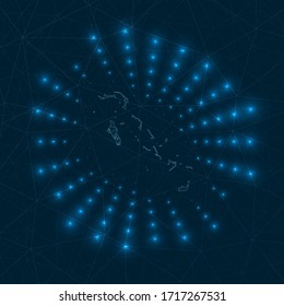 Abstract vector illustration of the Bahamas digital map. Glowing rays radiating from the country. Network connections and telecommunication design.