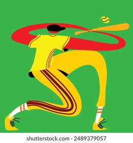 Abstract vector illustration of baseball player with elongated limbs in yellow and red attire, swinging bat at ball on a green background. Concept of sport, surrealism, competition, game.