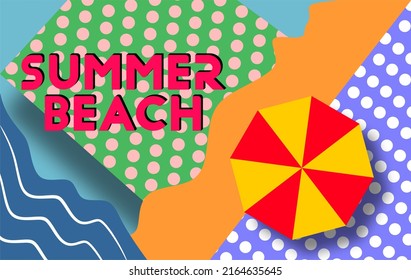 Abstract vector illustration of the beach, sun umbrella, polotonets, sea and sand. Summer illustration of relaxing on the beach without people.