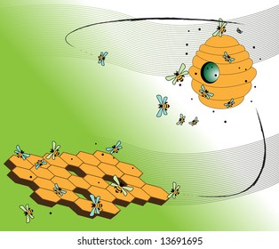 Abstract vector illustration with beehive, honeycomb and bees flying