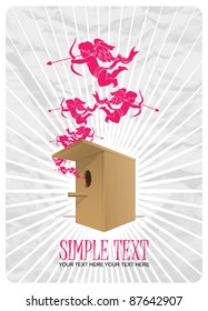 Abstract vector illustration with birdhouse and cupids. Place for your text. EPS 10