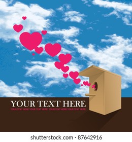 Abstract vector illustration with birdhouse and hearts. Place for your text. EPS 10
