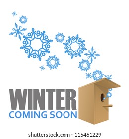 Abstract vector illustration of birdhouse and snowflakes.