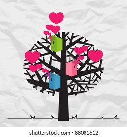 Abstract vector illustration with birdhouses on a tree. Place for your text.