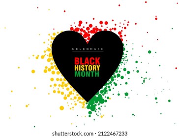 An abstract vector illustration of Black History Month with a black heart and a spray of red yellow and green dots