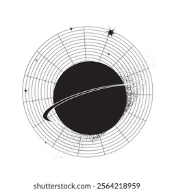 Abstract vector illustration of a black planet with rings, grid lines, and star elements. Perfect for space-themed designs, modern art, and digital projects