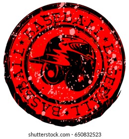 Abstract vector illustration black and red stamp with baseball helmet. Inscription in circle baseball. Design for tattoo or print t-shirt.