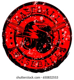 Abstract vector illustration black and red stamp with baseball helmet and crossed bats. Inscription in circle baseball. Design for tattoo or print t-shirt.