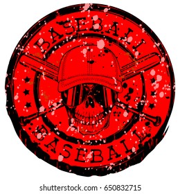 Abstract vector illustration black and red stamp skull in sunglasses with cap and crossed baseball bats. Inscription in circle baseball. Design for tattoo or print t-shirt.